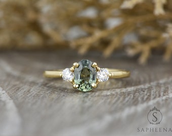 Green Sapphire Ring, Three Stone Sapphire Engagement Ring, Oval Yellow Gold Ring, Diamond Gold Ring, Triple Stone Sapphire Ring by Sapheena