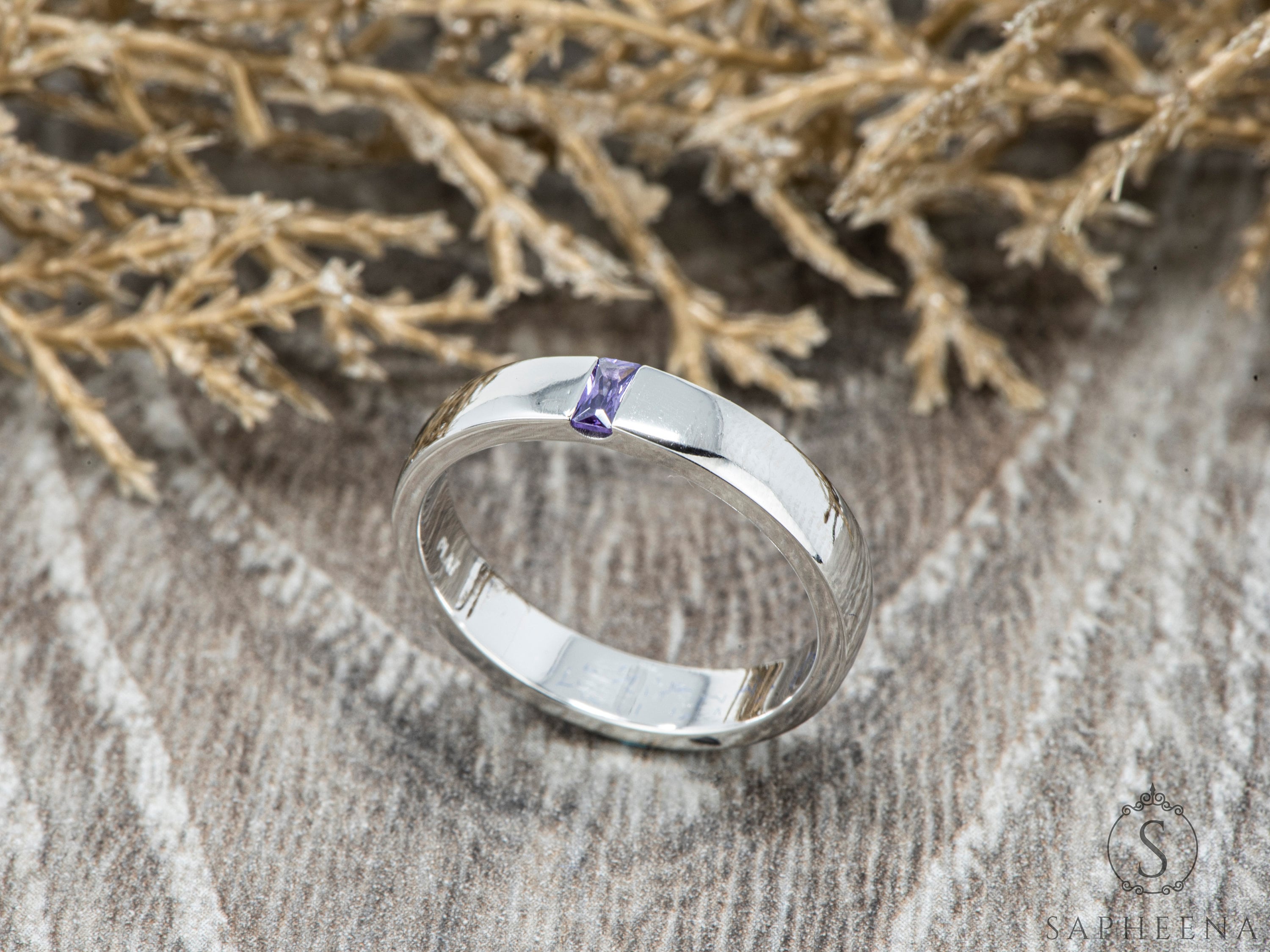 Mens Amethyst Wedding Band | Baguette Cut Purple Amethyst Band | 4mm Mens Amethyst Wedding Band | Baguette Cut Purple Amethyst Band | 4mm