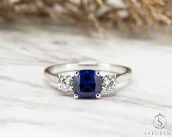 Cushion Cut Chatham Blue Sapphire Engagement Ring, Three Stone Blue Sapphire Ring, Triple Stone Wedding Ring, September Birthstone Jewelry