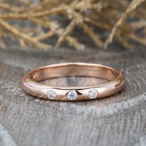 Diamond Wedding Band, Minimalist Gold Ring, Three Stone Anniversary Band, Platinum Ring
