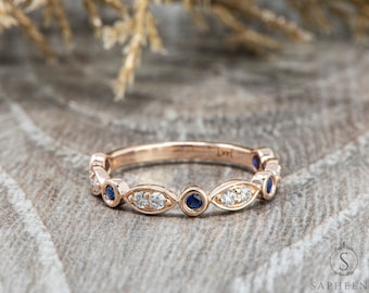 Art Deco Blue Sapphire Wedding Band, Half Eternity Moissanite Wedding Band, Birthstone Gold Matching Band, Stacking Anniversary Ring