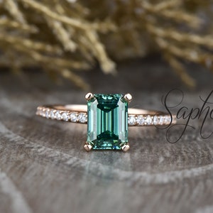Teal Moissanite Engagement Ring, Emerald Cut Moissanite Ring, Teal Moissanite Ring, Moissanite with Diamond Pave Wedding Ring by Sapheena