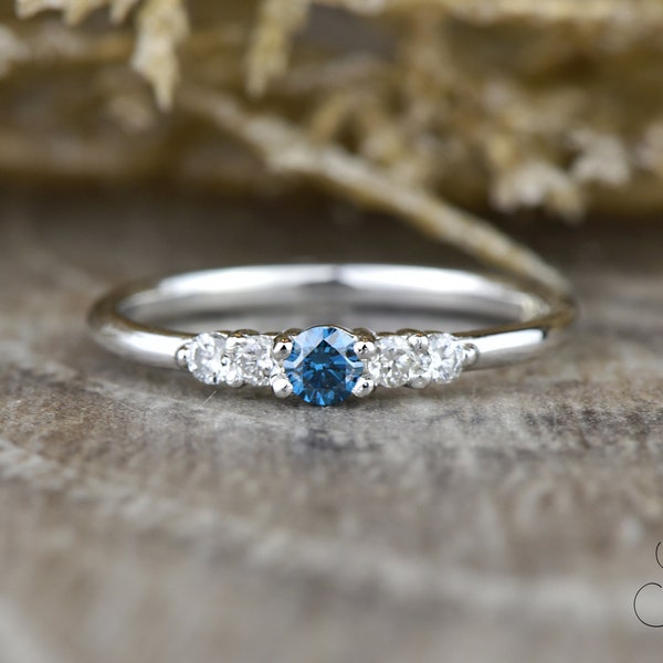 Dainty Natural Blue Gem Ring, White Diamond Accents in Solid Gold or Platinum Band