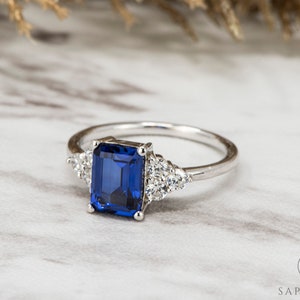 Emerald Cut Blue Sapphire Cluster Engagement Ring Low Profile in Solid Gold or Platinum