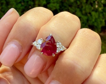 Natural Red Ruby Pear with Diamond Cluster Ring, Solid Gold Engagement Ring, July Birthstone