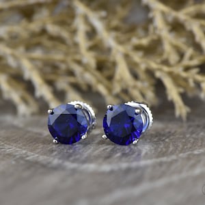 2.0 CT Round Blue Sapphire Earring Studs, Solid Gold 14k Sapphire Screw Backs, September Birthstone Earring Studs, Bridesmaid Gift