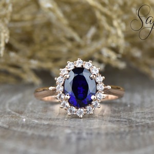 Oval Cut Blue Sapphire Halo Engagement Ring, Oval Sapphire Moissanite Wedding Ring, Vintage Blue Sapphire Ring, September Birthstone