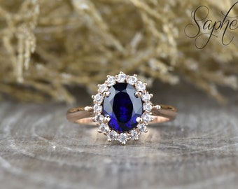 Oval Cut Blue Sapphire Halo Engagement Ring, Oval Sapphire Moissanite Wedding Ring, Vintage Chatham Blue Sapphire Ring, September Birthstone