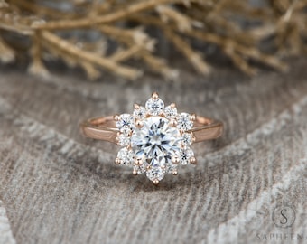 1.0 Ct Round Moissanite Engagement Ring, NEO The One Moissanite Halo Ring, Snowflake 14k/18k Rose Gold Ring, Bridal Ring, Anniversary Ring