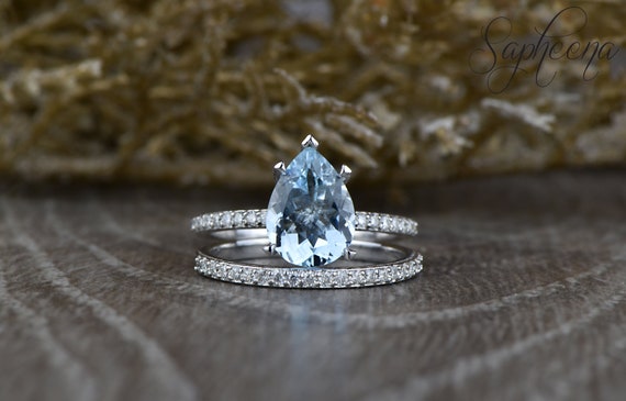 Parure nuptiale solitaire aigue marine naturelle taille poire bague diamant aigue marine bleue alliance diamant eternite parure de bagues en or massif 14 carats 18 carats Etsy Canada