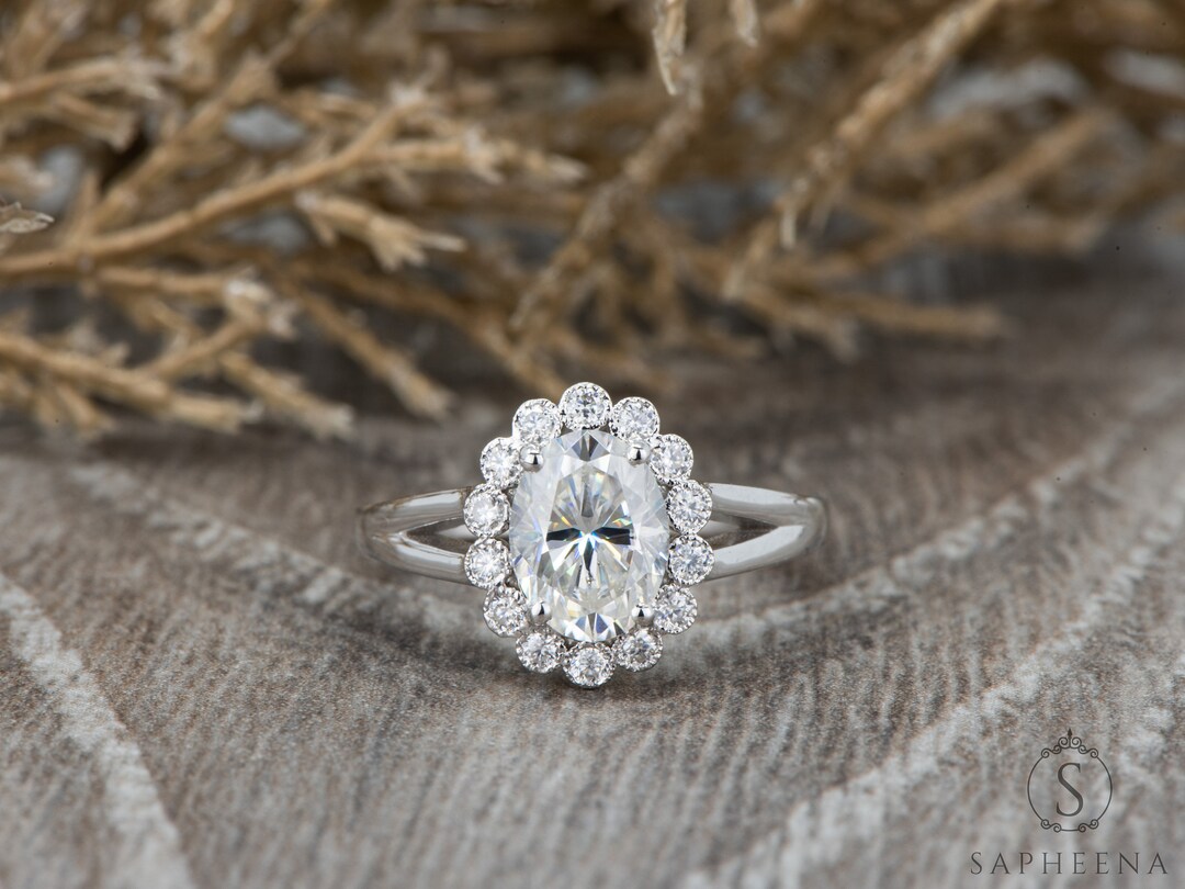 Halo Oval Cut Moissanite Engagement Ring, Split Shank Lab Diamond ...