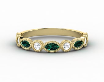 Art Deco Green Emerald Band, Marquise & Round Cut Bezel Wedding Band, Vintage Moissanite Band, Green Emerald Bridal Ring, Gold Stacking Band
