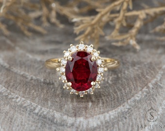 Oval Halo Ruby Engagement Ring, 2.7 Ct Oval Cut Chatham Red Ruby Wedding Ring,Diamond Halo Ring, Gold Anniversary Ring, July Birthstone Ring