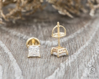 1.0 Ct Princess Cut Moissanite Earrings, Moissanite Screw Back Studs, 14k Yellow Gold Bridal Earrings, White Gold Wedding Stud Earrings