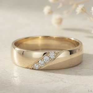 6mm Men’s Diamond Wedding Band, Wide Gold Diagonal Ring, Solid Gold or Platinum