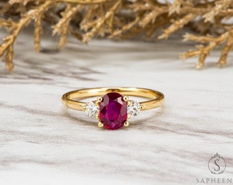 1 Ct Oval Cut Natural Ruby and Diamond Three Stone Engagement Ring, Solid Gold Ruby Wedding Ring, July Birthstone Fine Jewelry, Gift For Her