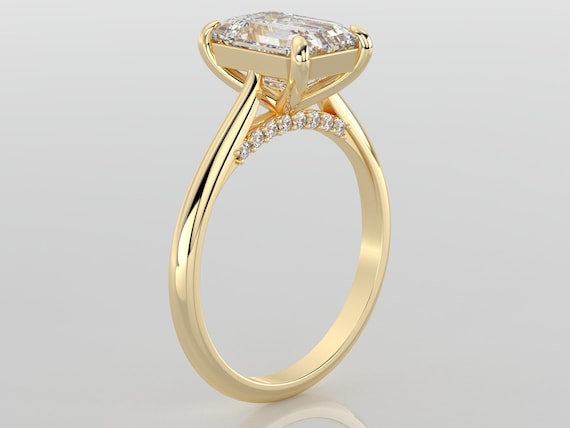 2 Ct Emerald Cut Lab Diamond Ring, Solid Gold Cathedral Setting, Pavé Accent Bridge