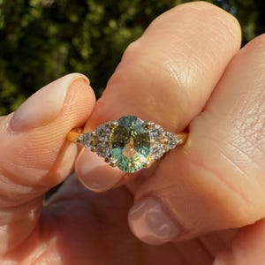 Natural Green Sapphire Engagement Ring, Oval Cut Sapphire Cluster Wedding, Diamond Cluster Promise Ring, Green Sapphire Anniversary Ring