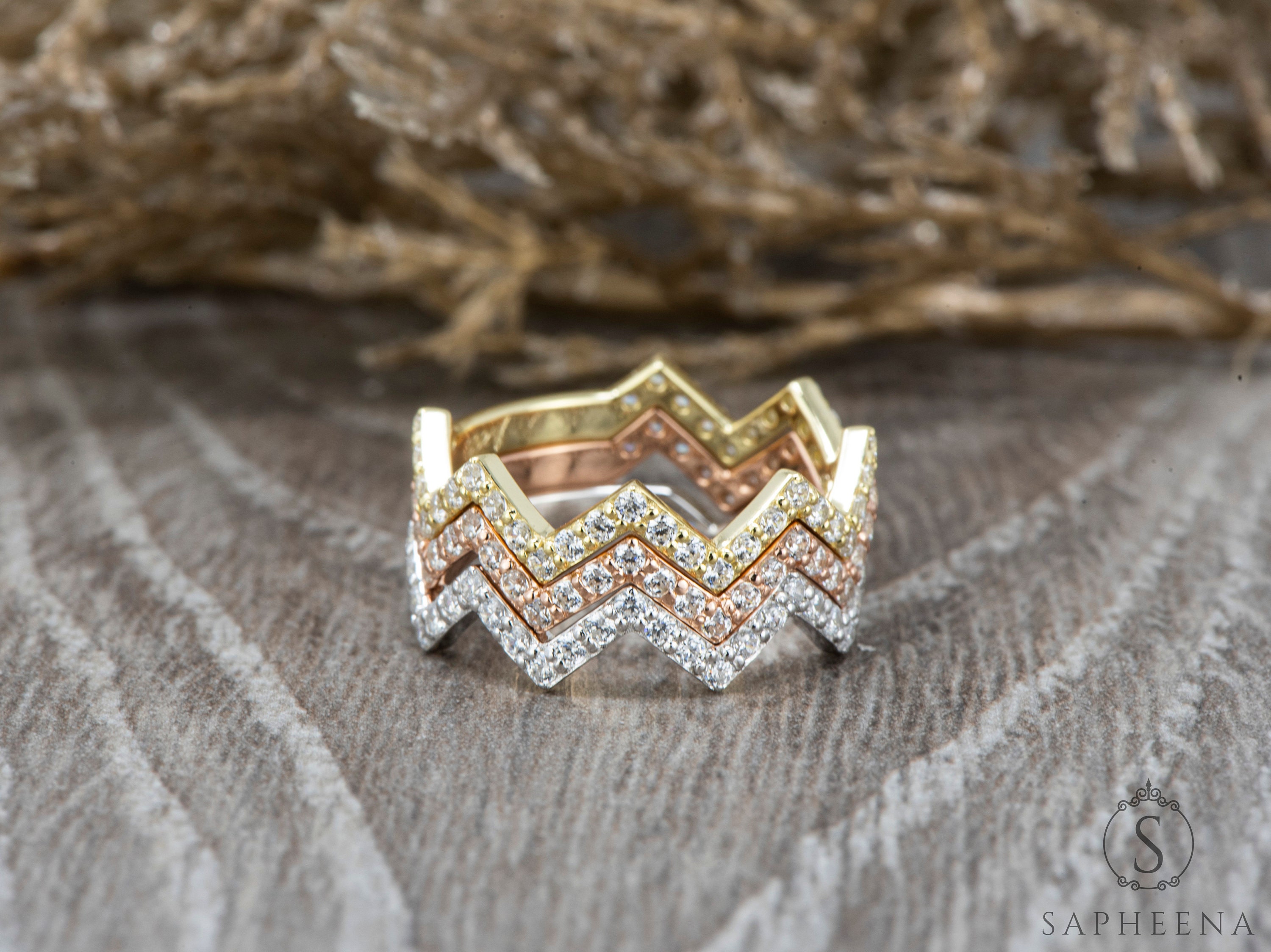 2.0CT Round Cut Diamond Stacking Band Set of 3, Zig Zag