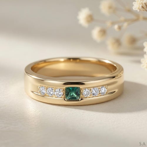 Anillo de hombre con esmeralda verde y diamante de laboratorio, banda de esmeralda de talla princesa en oro macizo o platino.