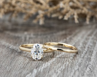 1.5 Ct Oval Moissanite Solitaire Bridal Set, Minimalist Oval Cut Solitaire Ring, Diamond Oval Ring Band Set, Moissanite Bridal Gold Rings
