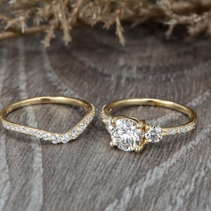 Round Cut Three Stone Moissanite with Pave Band Ring Set, 2.0 CT Lab Diamond Wedding Set, Vintage Solid Gold Bridal Set, Statement Ring