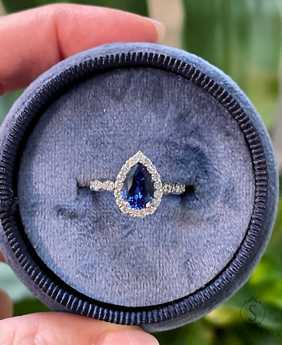 Sapphire Pear Halo Engagement Ring Chatham Blue Pear Sapphire Ring Vintage Sapphire Wedding Ring Art Deco Style Diamond Halo Gold Ring Etsy