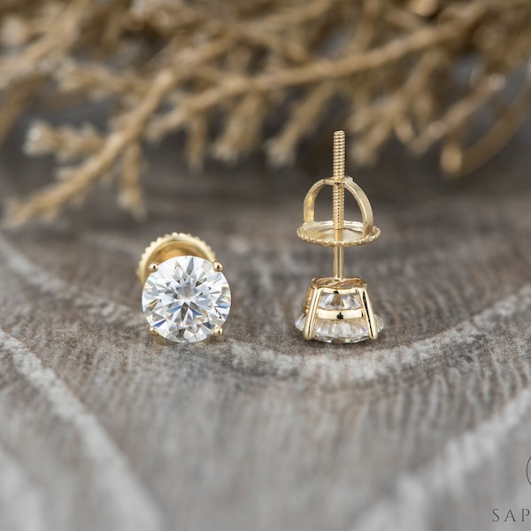 Brilliant Rundschliff Moissanite Ohrringe | 2 Karat Moissanit Ohrstecker | 14k Gelbgold Braut Ohrringe | Goldhochzeits-Ohrstecker