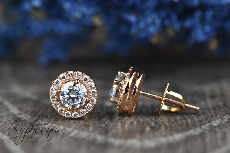 Brilliant Round Cut Halo Earring Screwback Studs in 14k Rose Gold Round Cut Screw Backs,Bridal Earrings Wedding Studs by Sapheena
