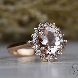 Oval Cut Morganite Engagement Ring, Moissanite Halo Set Morganite Bridal Ring, Vintage Lab-grown Diamond and Morganite Ring, Promise Ring