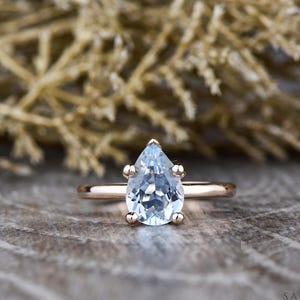 Pear-Cut Aquamarine Ring, Solid Gold Setting, Minimalist Engagement Ring, Dainty Bridal Jewelry, March Birthstone Gift for Women