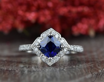 Vintage Cushion Cut Chatham Blue Sapphire Engagement Ring, Floral Moissanite Halo Wedding Ring, Solid Gold Bridal Ring, Anniversary Ring