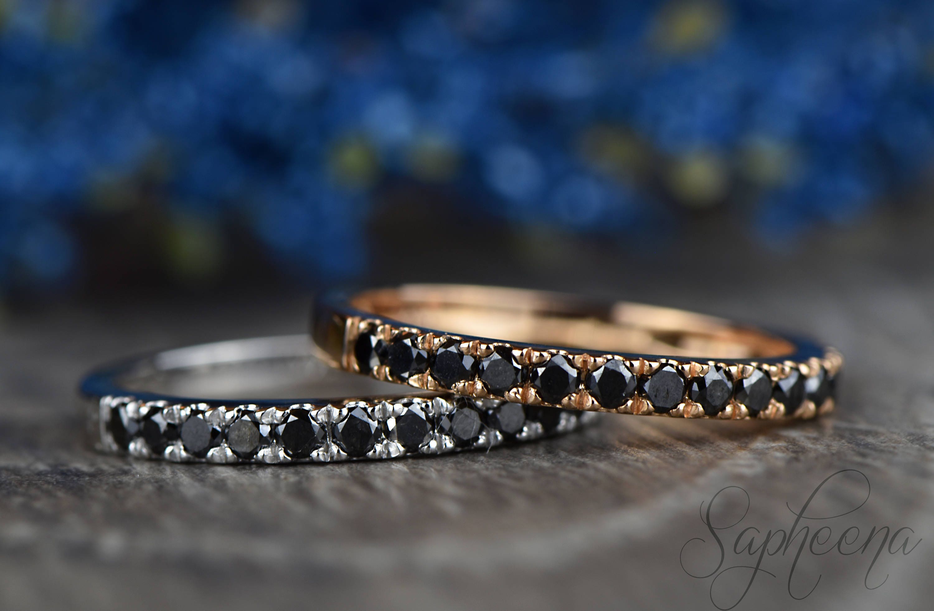 Black Spinel Wedding Band Half Eternity Solid Gold Band Black