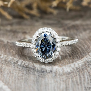 Oval Cut Halo Engagement Ring, Grey Moissanite Bridal Ring, Oval Halo Moissanite Pave Wedding Ring, Women&#39;s Classic Gold/Platinum Ring