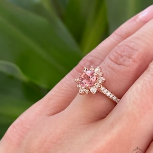 Peach Sapphire Engagement Ring, Sapphire Diamond Halo Ring, Unique Snowflake Rose Gold Ring, Anniversary Diamond Wedding Ring by Sapheena image 8