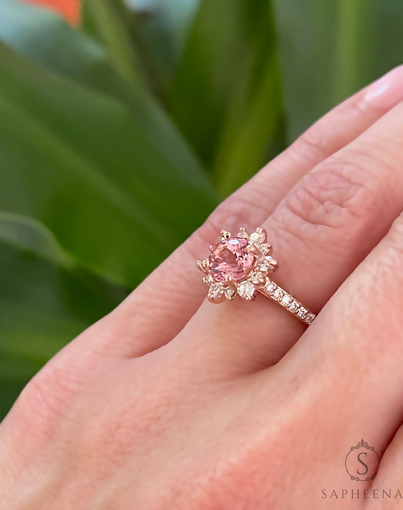 Peach Sapphire Engagement Ring, Sapphire Diamond Halo Ring, Unique Snowflake Rose Gold Ring, Anniversary Diamond Wedding Ring by Sapheena image 8