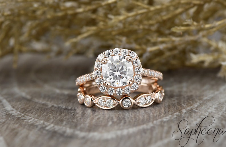 Cushion Cut Halo Engagement Ring, Art Deco Bridal Set, Cushion Moissanite Wedding Set, NEO Moissanite Ring Set, Unique Bridal Set image 1