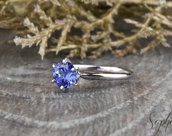 Bague de fiançailles solitaire saphir bleu rond, bague de mariage solitaire à six broches en or 14 carats/18 carats, bague de mariée solitaire simple, bague d’anniversaire