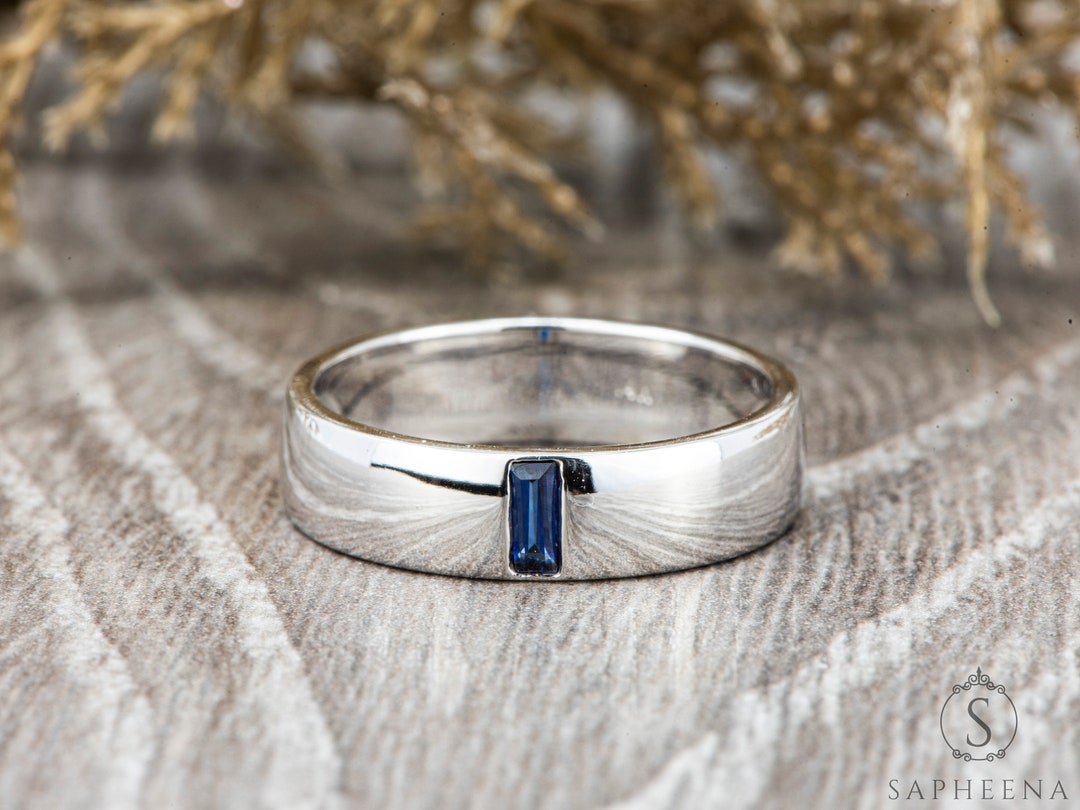 Blue Sapphire Mens Comfort Wedding Band Baguette Cut Blue