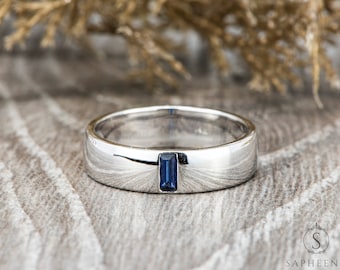 Blue Sapphire Mens Comfort Wedding Band | Baguette Cut Blue Sapphire 5.5mm Band | Solid Gold Ring | Mens Solitaire Baguette Cut Diamond Ring