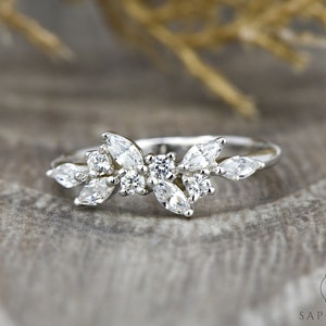 Marquise and Round Moissanite or Diamond Ring, Floral Cluster Band, Solid Gold Platinum