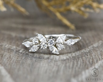Marquise Cut Cluster Wedding Ring, Cluster Diamond/Moissanite Anniversary Ring, Unique Marquise Cut White Gold Ring, Promise Gift For Her