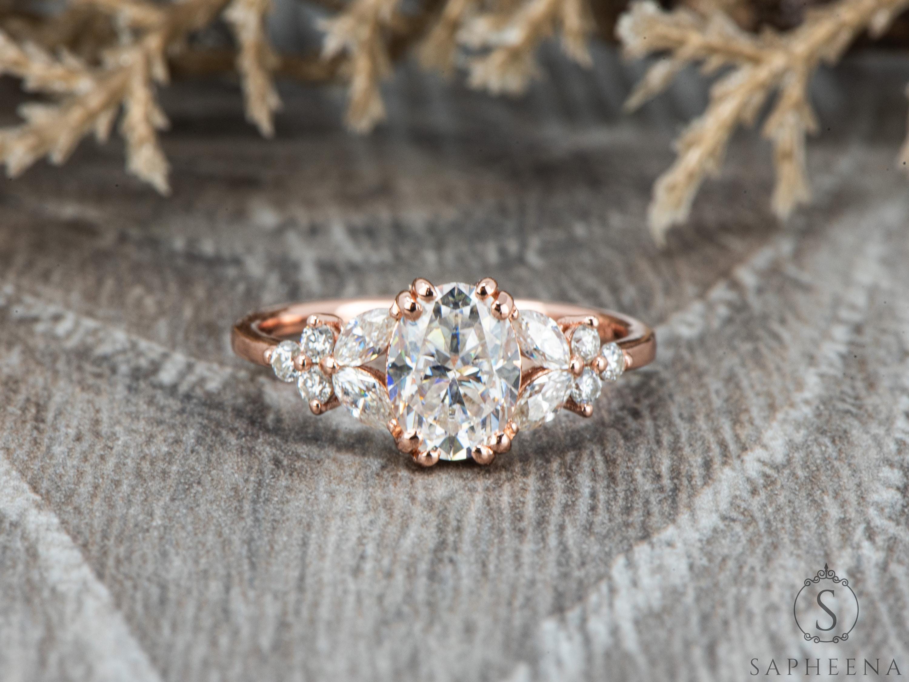 Oval Cut Moissanite Engagement Ring, Solid Gold Floral Ring With ...