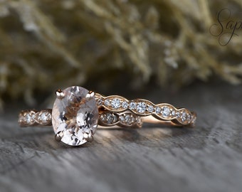 Vintage Oval Peach Morganite Bridal Ring Set, Oval Morganite Engagement Ring, Diamond Scalloped Wedding Band Set, Unique Morganite Gold Ring