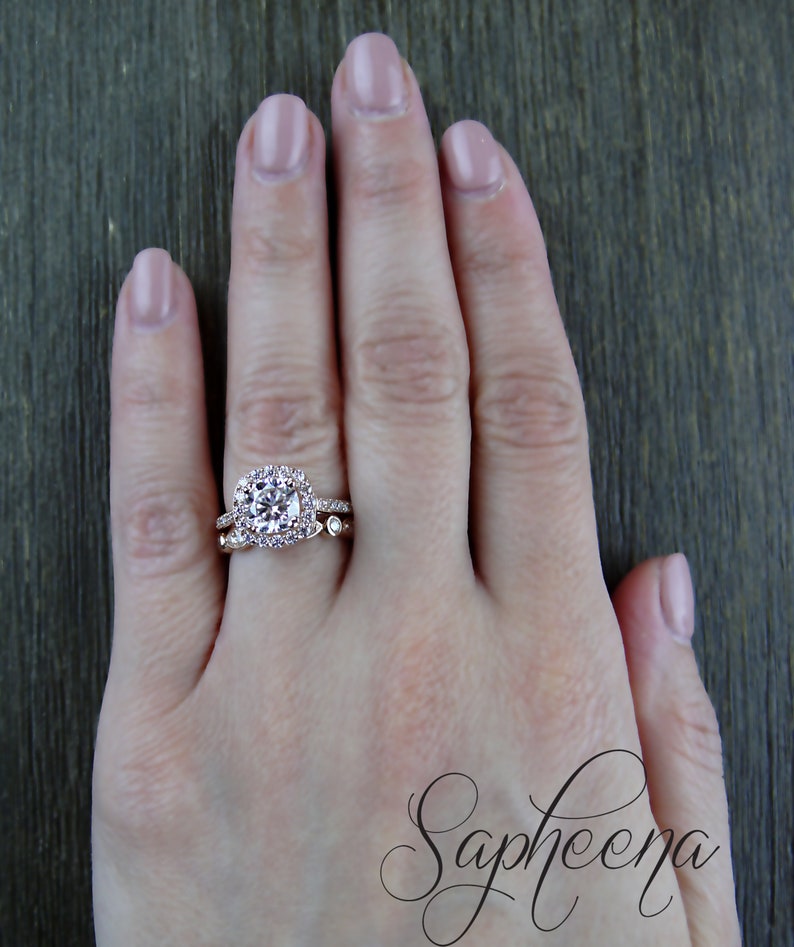 Cushion Cut Halo Engagement Ring, Art Deco Bridal Set, Cushion Moissanite Wedding Set, NEO Moissanite Ring Set, Unique Bridal Set image 7