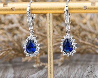 Sapphire Drop Earrings | Pear Cut Sapphire Lever Back Wedding Earrings | Blue Sapphire with Moissanite Halo Earrings | Tear Drop White Gold