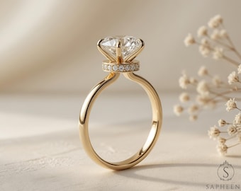 Ovaler Diamant Ring, Versteckter Halo Verlobungsring, Gold oder Platin