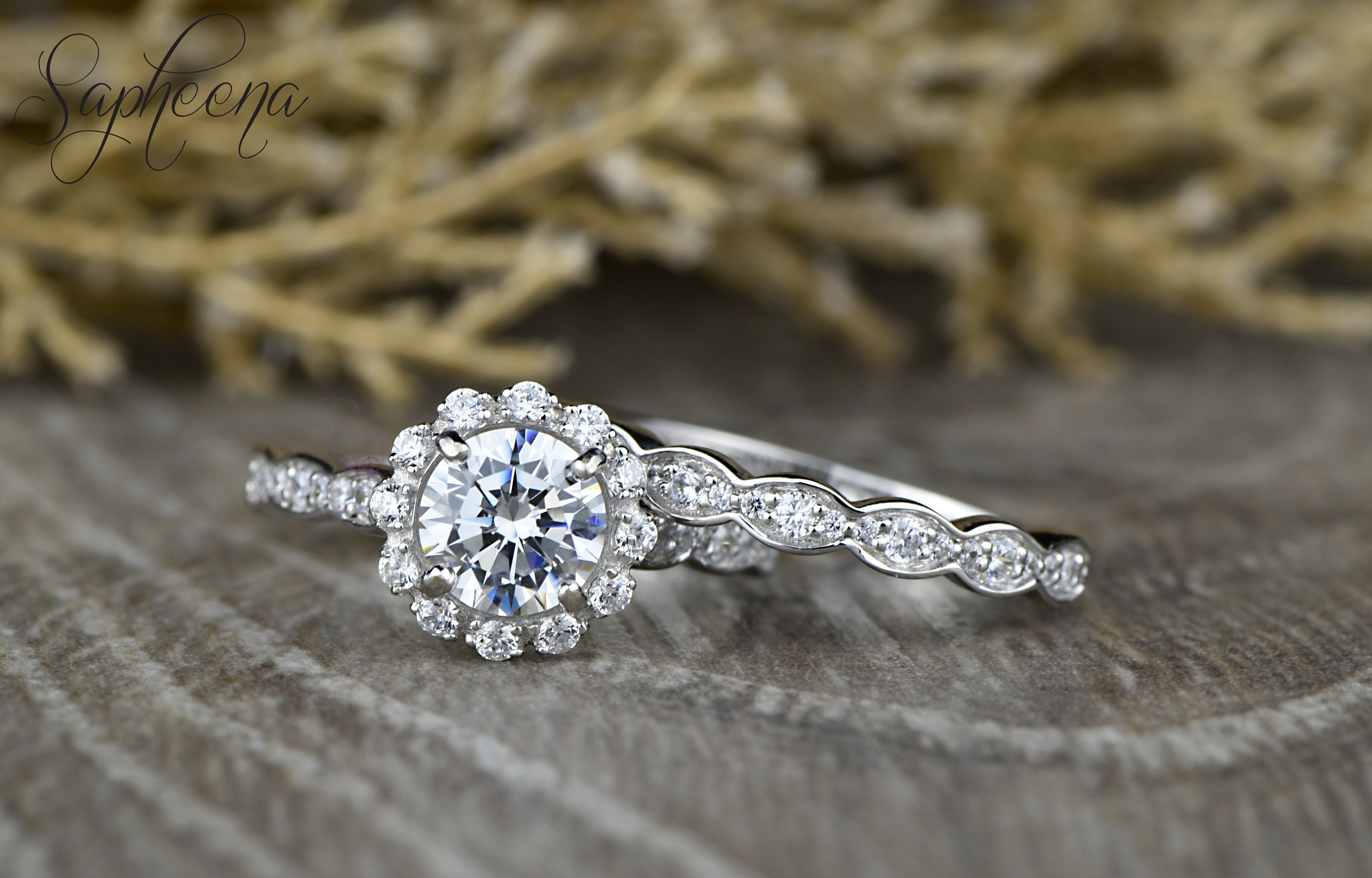 White Sapphire Engagement Ring&Scalloped Wedding Band Bridal | Etsy