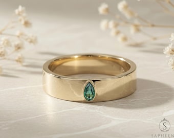 6 mm heren peer gesneden groene smaragd trouwring, ring set peer gesneden heren trouwring, massief gouden 10k/14k/18k trouwring, zijn trouwring