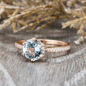 Aquamarine Solitaire Engagement Ring, Rose Gold 14k/18k Aquamarine Wedding Ring, Half Eternity Diamond Wedding Ring, Birthstone Ring